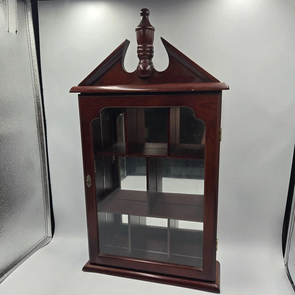Vintage Wood Glass Door Wall Hanging Display Curio Cabinet  21x13.5 X4 Mirrored